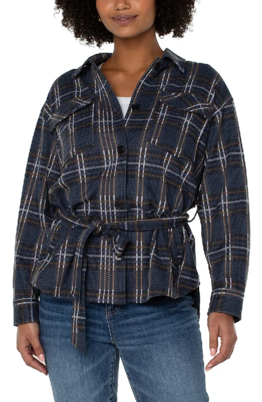 Liverpool's Belted Shirt Jacket (Queen Blue Grey Plaid) (plus size available) Print Jacket Jacquard Jacket Embroidered Jacket