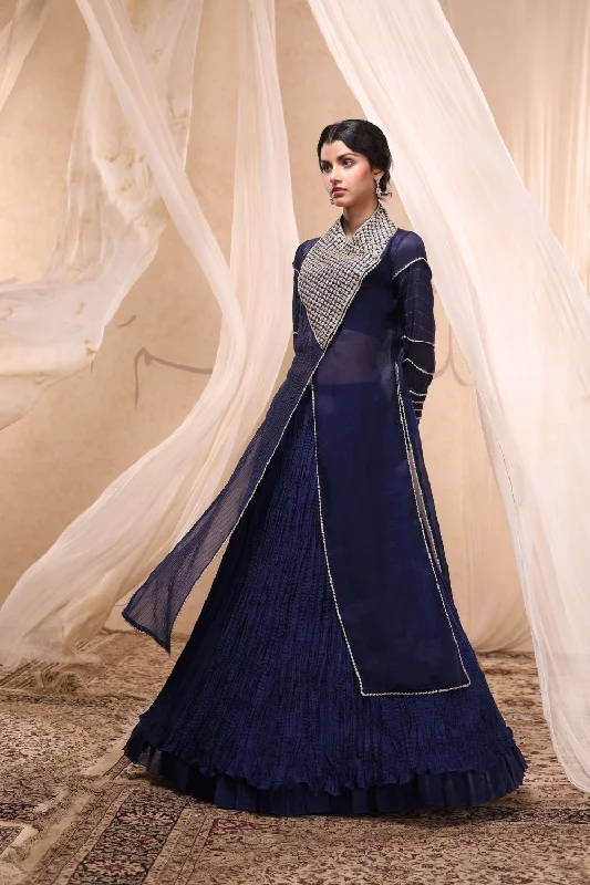 Cobalt Blue Embroidered Jacket Lehenga Set Wool Fabric Cashmere Fabric Tweed Fabric