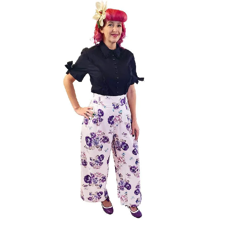 Soft Tie-Waist Pants in Purple Floral Sale Straight,