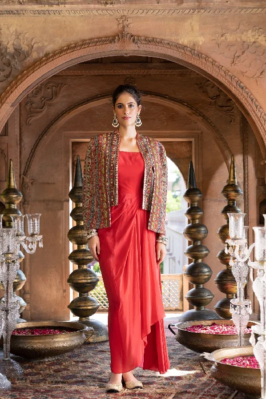 Red Draped Dress With Printed Cape Jacket Embroidered Jacket Appliqued Jacket Beaded Jacket