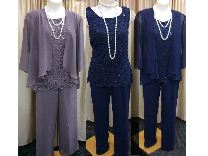 Long Sleeves 3 Pieces Chiffon And Lace Mother of The Groom Pantsuit Trendy Straight,