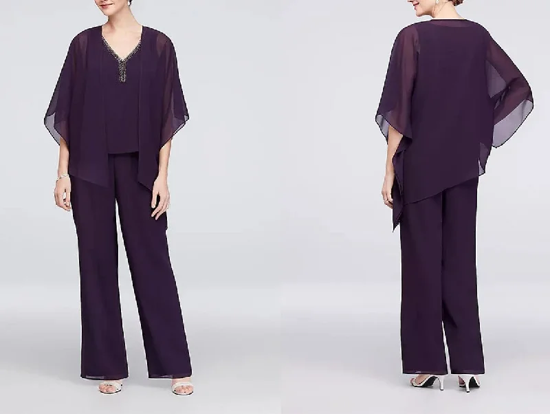 Aubergine Purple 3PCS Asymmetric Mother of The Bride Pant Suits Jeggings Crop,