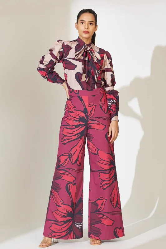 Red And Maroon Floral Pants High-Waisted Sale,