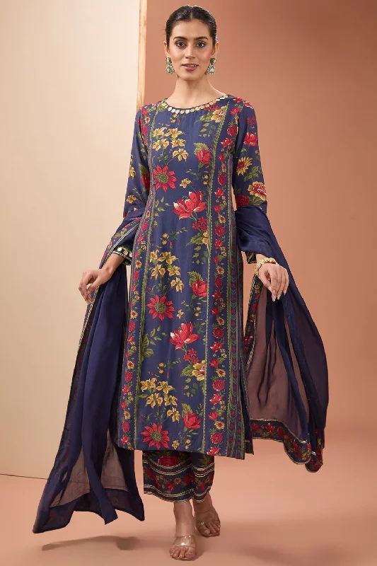 Blue Viscose Cotton Silk Digital Print Floral Straight Kurta Pant Set For Women Straight Limited Edition,