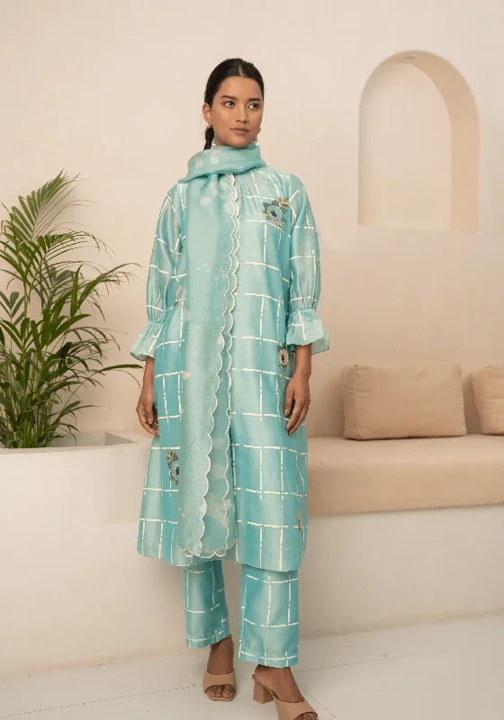 Mint Checks Printed Tunic And Pant With Dupatta Clearance Stretch,