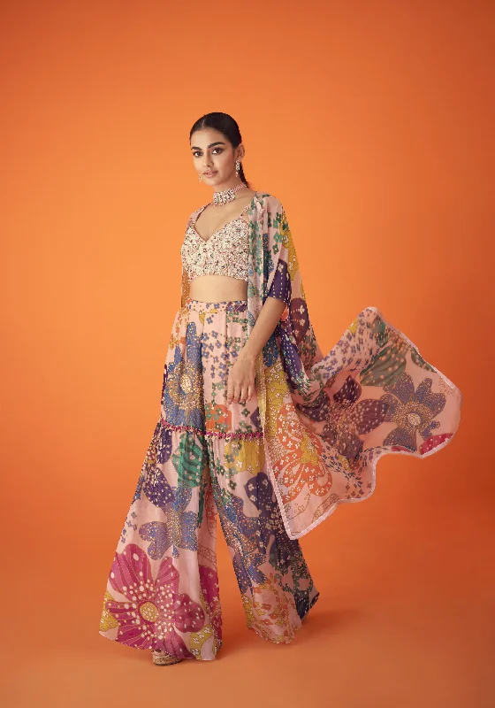 Peach Printed Organza Cape Paired With Sharara Pants And Embellished Bustier Cotton Quality,