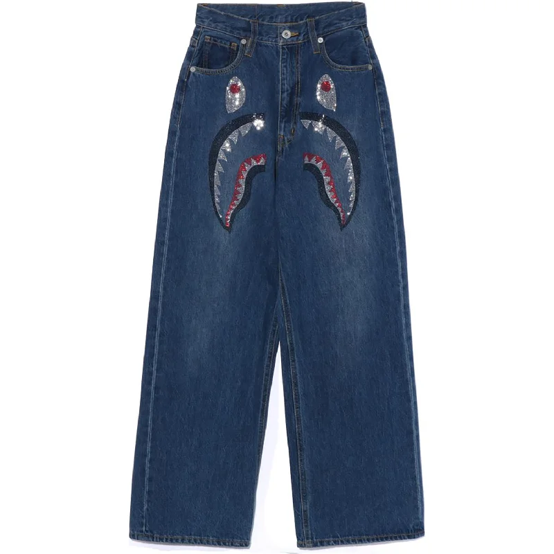 CRYSTAL STONE SHARK HIGH WAIST DENIM PANTS LADIES Quality Crop,