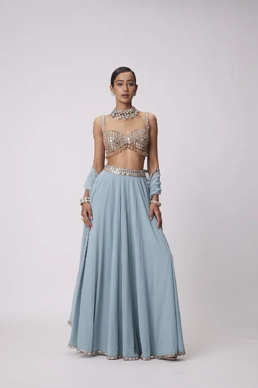 Powder Blue Mirror Embroidered Lehenga Pants Set Denim High-Waisted,