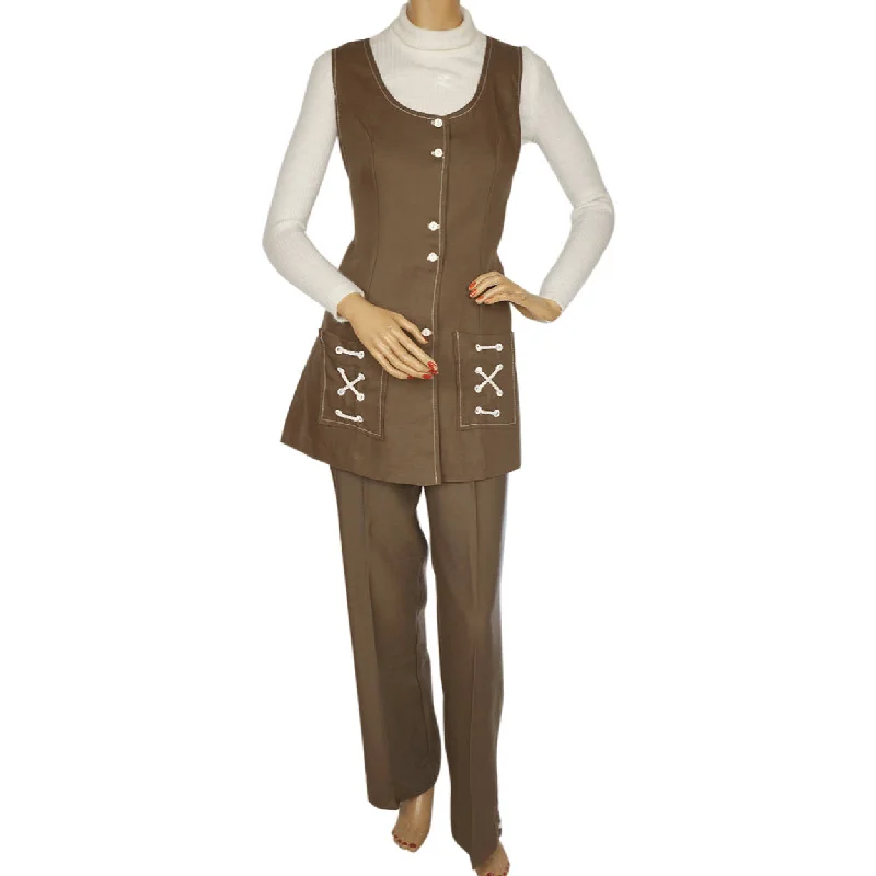 Vintage 1960s 70s Vest & Pants Set Brown Linen Ladies Unused Size M Sale Leggings,