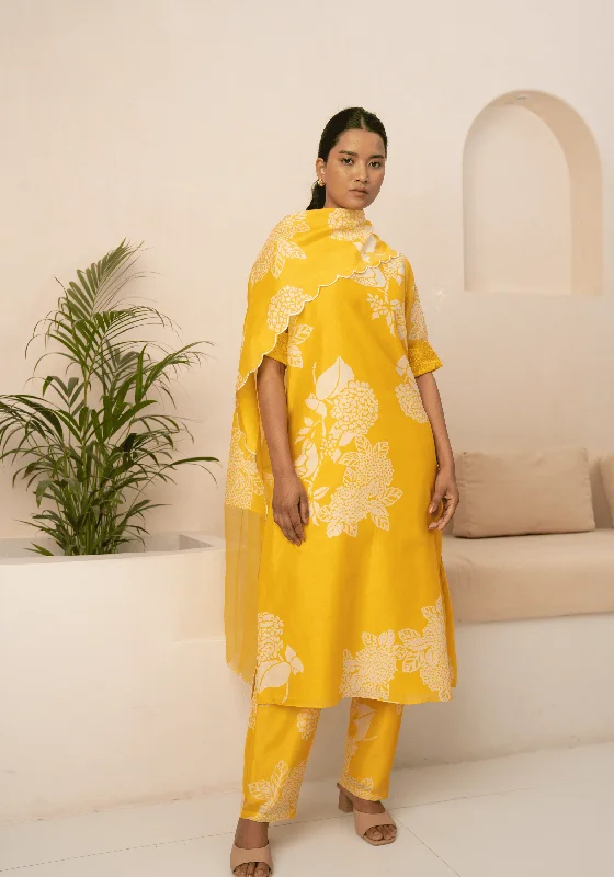 Yellow Floral Printed Tunic With Schiffli Sleeves And Pant With Dupatta Quality Leggings,