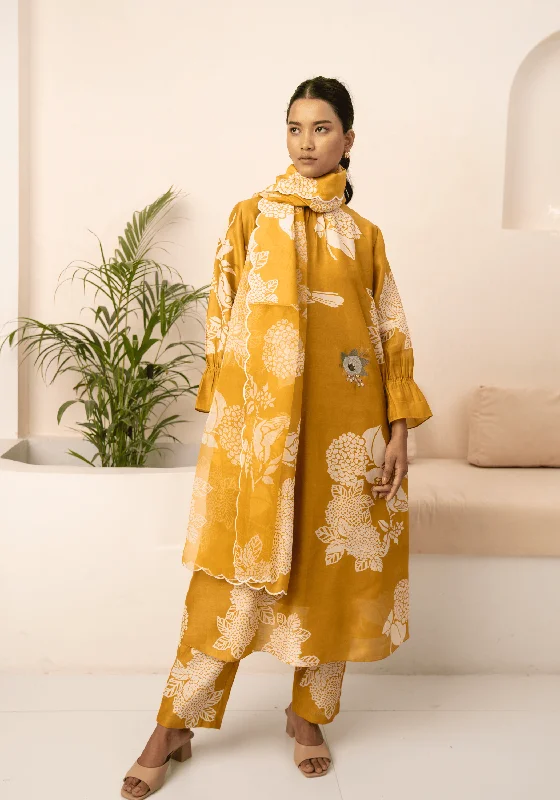 Ochre Floral Printed Tunic And Pant With Dupatta Flared Stretch,