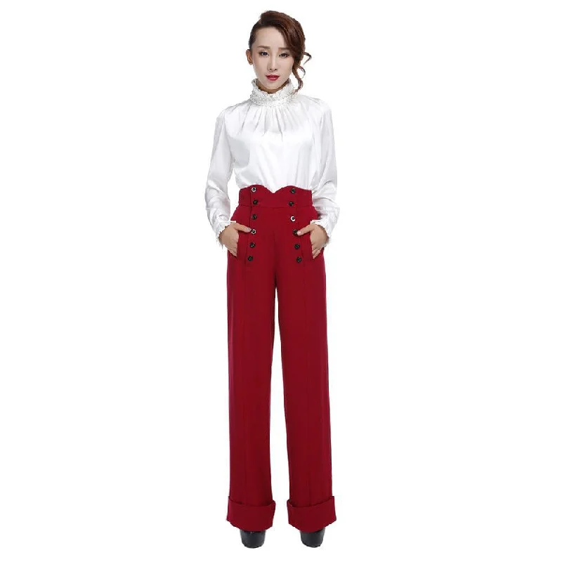 Ingrid 40's High Waist Pants in Red Straight Wide-Leg,