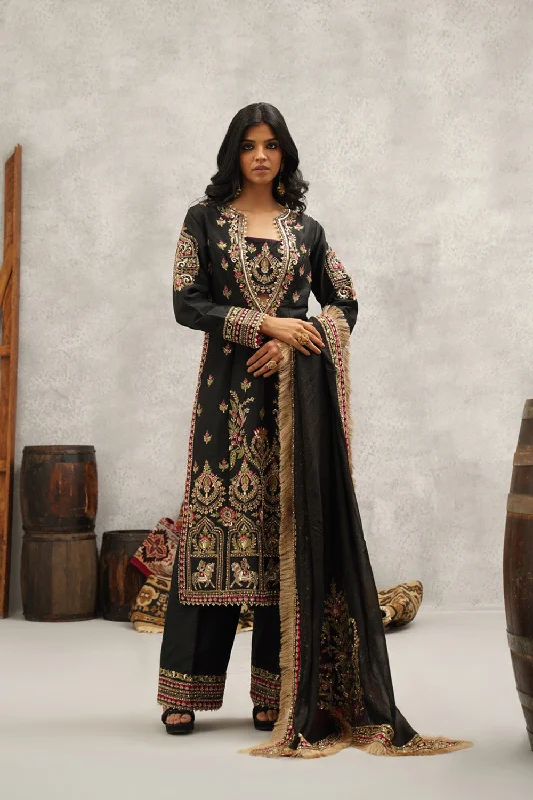 Black Embroidered Silk Bustier, Kurti, Pant And Dupatta Set Comfort Jeans,