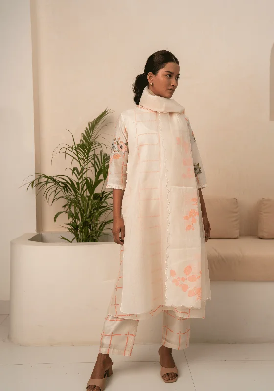 Ivory And Pink Checks Double Layer Tunic And Pant With Dupatta Wide-Leg Comfort,