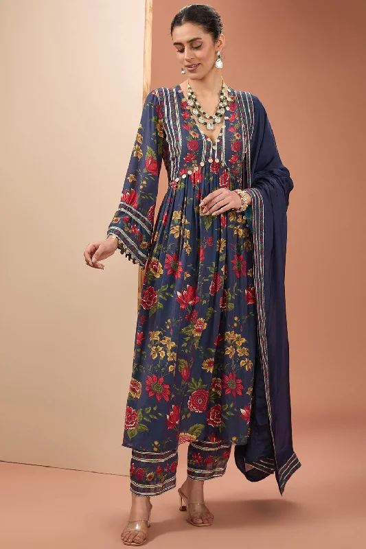 Blue Viscose Chanderi Digital Print Floral Pleated Anarkali Pant Set For Women Skinny New Arrival,