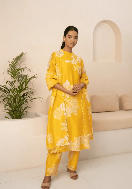 Yellow Floral Printed Tunic With Schiffli Sleeves And Pant Crop Bootcut,