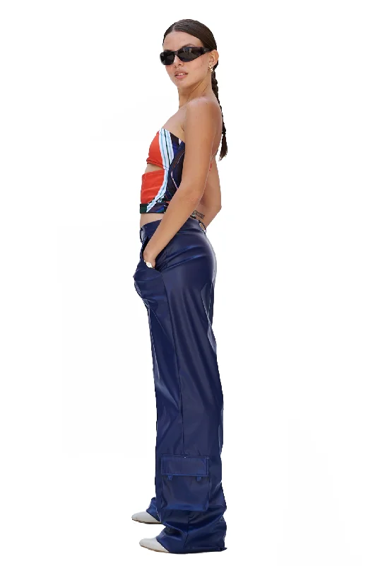 BLUE FAUX LEATHER CARGO PANTS Cotton Quality,