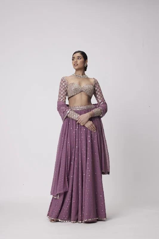 Mud  Mauve Mirror Embroidered Lehenga Pants Set Clearance Stretch,