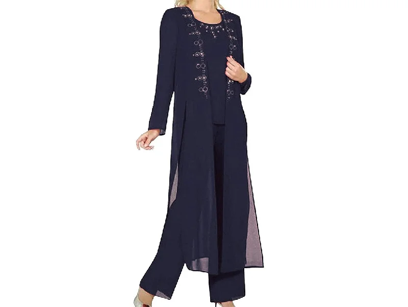 Beaded Navy Chiffon 3PCS Mother of The Bride Pant Suits With Long Coat Formal MOG Dresses Clearance High-Waisted,