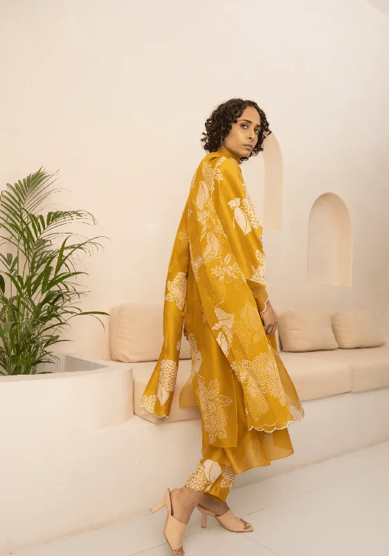 Ochre Floral Double Layered Tunic And Pant With Dupatta New Arrival Wide-Leg,