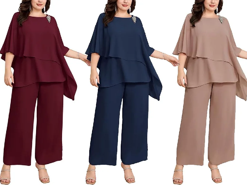 2PCS Crew Neck Mother of The Bride Pant Suits Bating Sleeves MOG Outfits Free Shipping Denim,