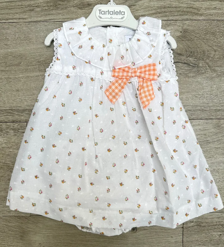 Tartaleta White & Orange Gingham Trimmed Smocked Dress & Pant Set Denim Trousers,