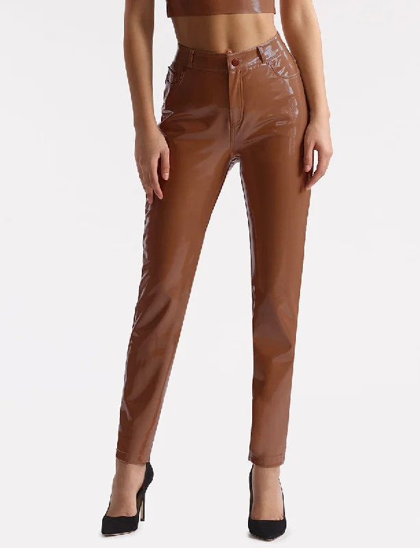 Faux Patent Leather Five Pocket Pant Denim Trousers,