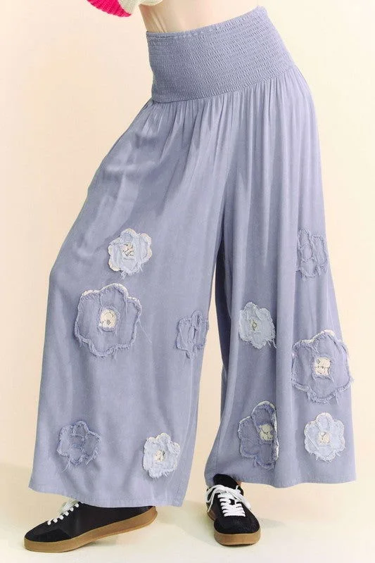 Davi & Dani Smocked Waist Flower Patch Wide Leg Pants In Blue Flared Best Seller,