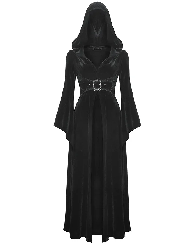 Dark In Love Womens Long Gothic Witch Hooded Velvet Cloak Jacket Welt Pockets Slit Pockets Flap Pockets