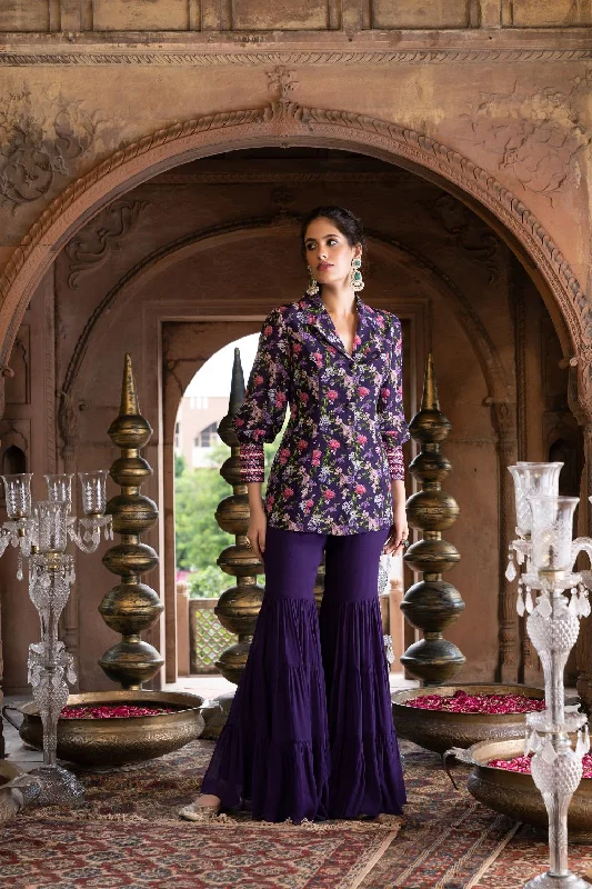 Purple Printed Jacket And Sharara Satin Jacket Silk Jacket Chiffon Jacket