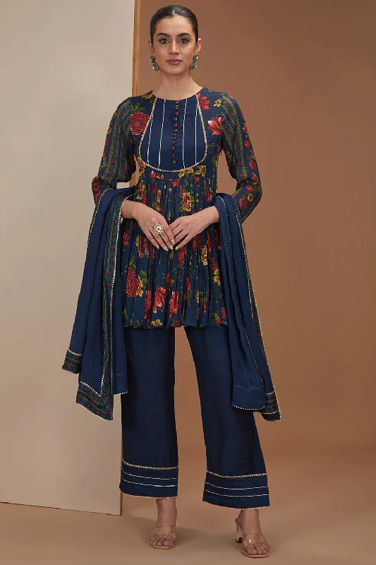 Blue Viscose Chinon Printed And Embroidered Short Anarkali Pant Set For Women Cotton Quality,