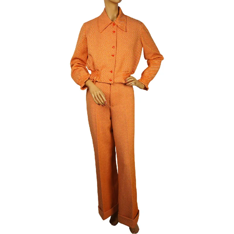 Vintage 1970s Pantsuit Orange Striped Poly Knit 2 Piece Size M Free Shipping Denim,