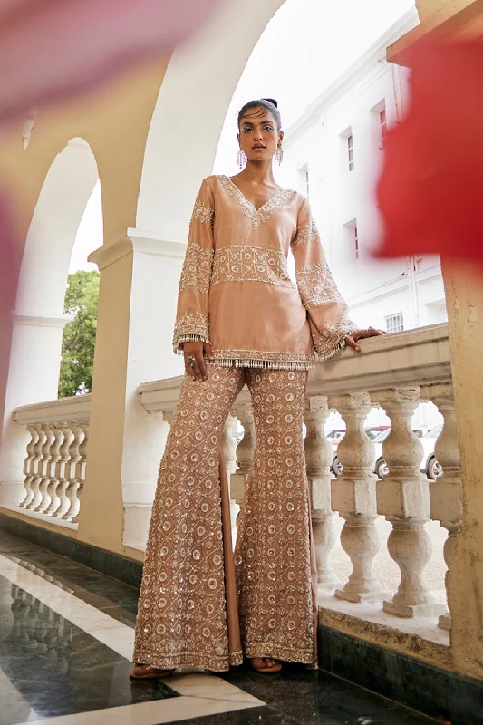 Rosegold Bell Sleeve Top & Flared Palazzo Pants Straight Trousers,