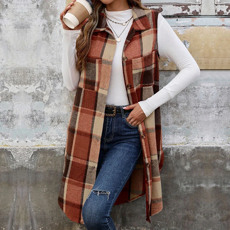 IKEARLAX New autumn and winter new sleeveless lapel cardigan jacket 2025 foreign trade retro medium and long  plaid vest Front Pockets Side Pockets Patch Pockets