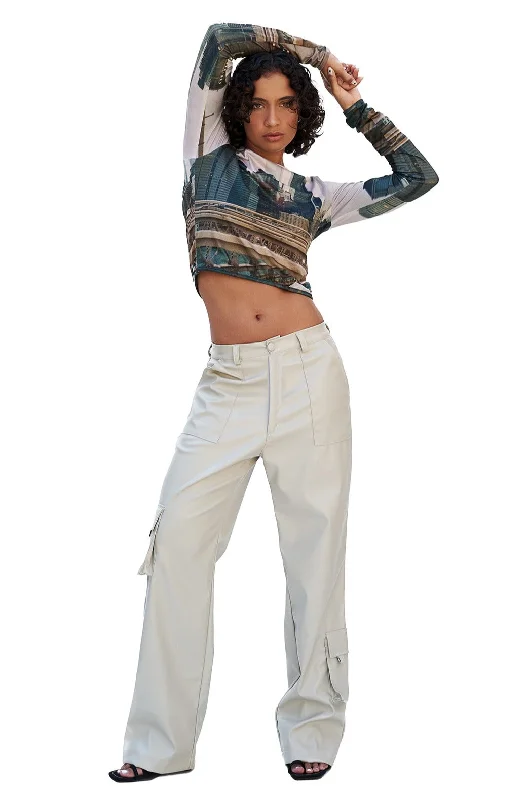 ECRU FAUX LEATHER CARGO PANTS Pants High-Waisted,