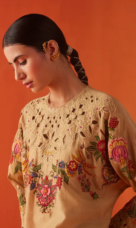 Beige embroidered kimono kurta with cutwork pants Sale Leggings,