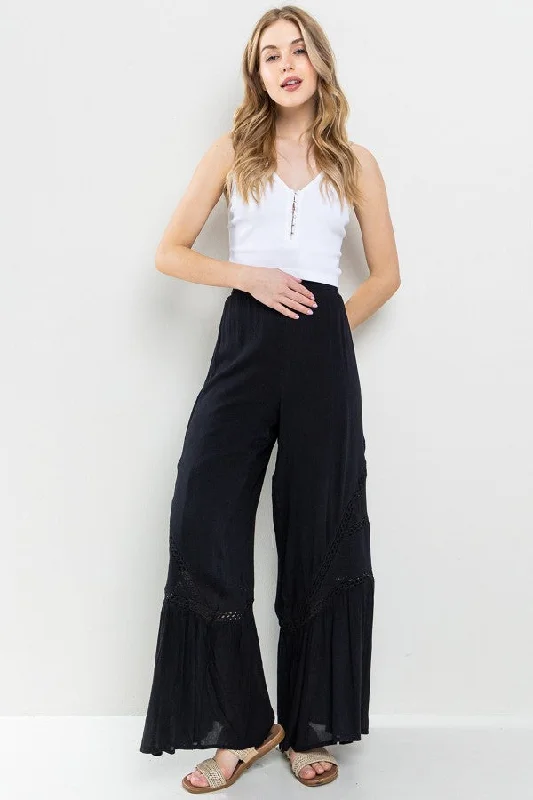 Lace Detail Tiered Wide Pants Stretch Pants,