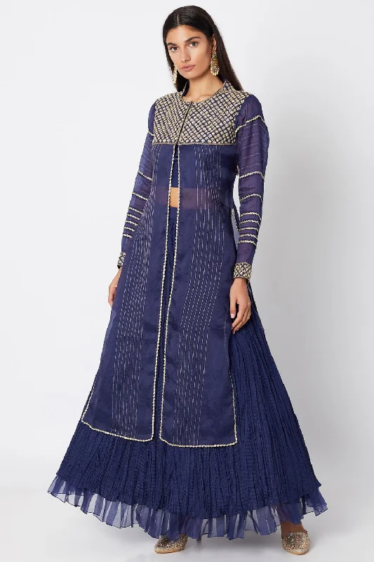 Cobalt Blue Embroidered Jacket Lehenga Set Denim Fabric Leather Fabric Suede Fabric