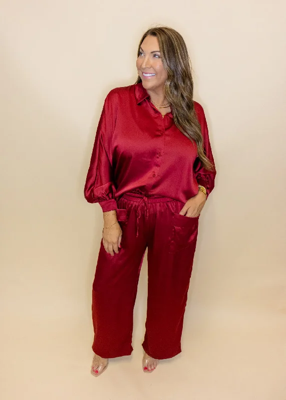 Burgundy Satin Pants Set Crop Bootcut,