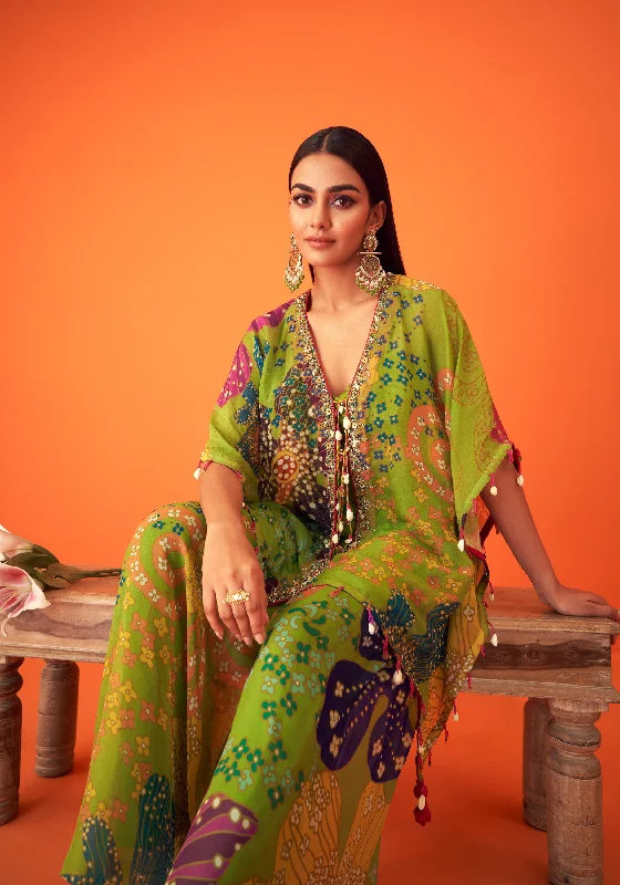 Green Printed Organza Kaftaan Paired With Sharara Pants And Bustier Sale Bootcut,