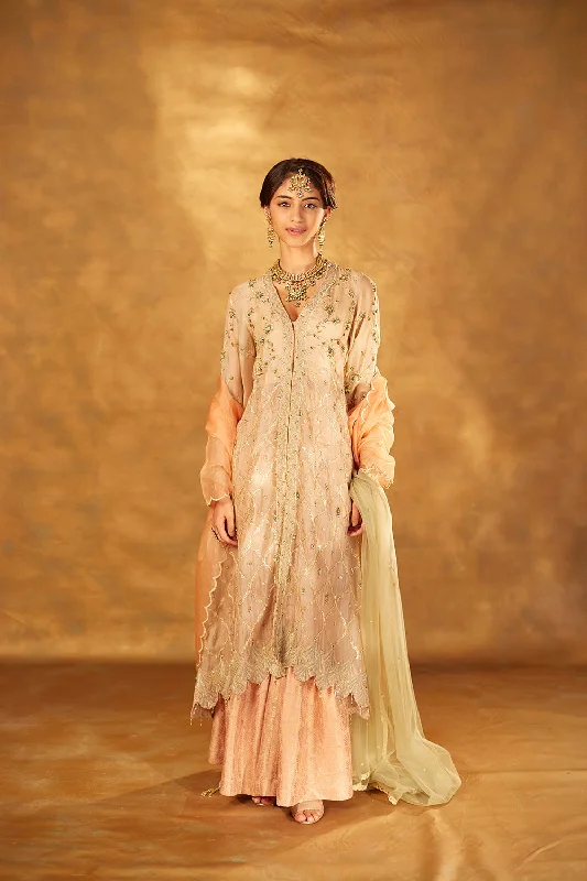 Embroidered Organza Jacket, Brocade Gharara, Organza Dupatta One-Shoulder Jacket Off-the-Shoulder Jacket Asymmetrical Jacket