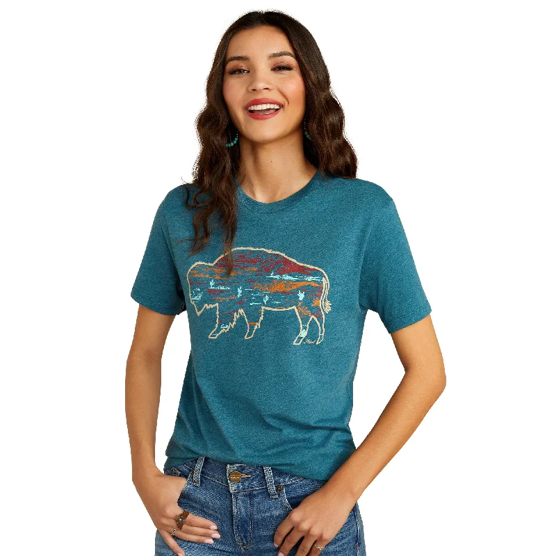 Ariat Ladies Bison Ranch Deep Sea Heather T-Shirt 10052540 Cashmere Blend Cotton Blend Poly Blend