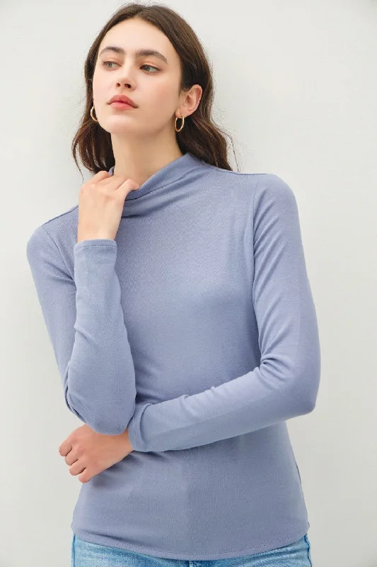 Be Cool Mock Neck Long Sleeve T-Shirt In Blue Lace Blend Ribbed Blend Corduroy Blend