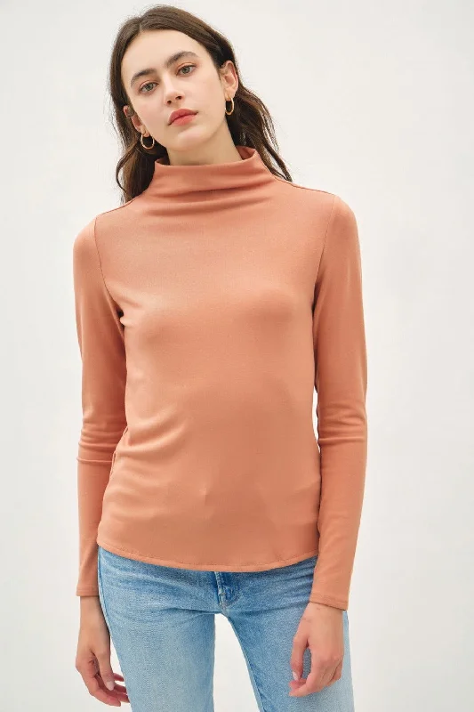 Be Cool Mock Neck Long Sleeve T-Shirt In Persimmon Fleece Fabric Down Fabric Feather Fabric