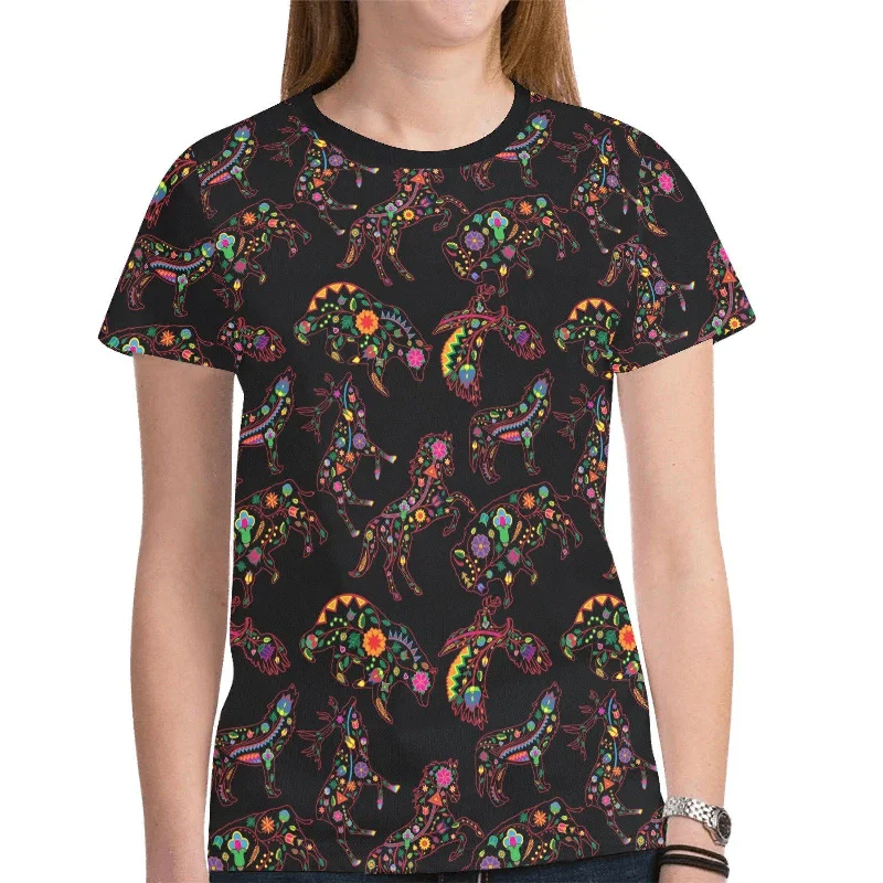 Neon Floral Animals T-shirt for Women Real Fur Shearling Chenille