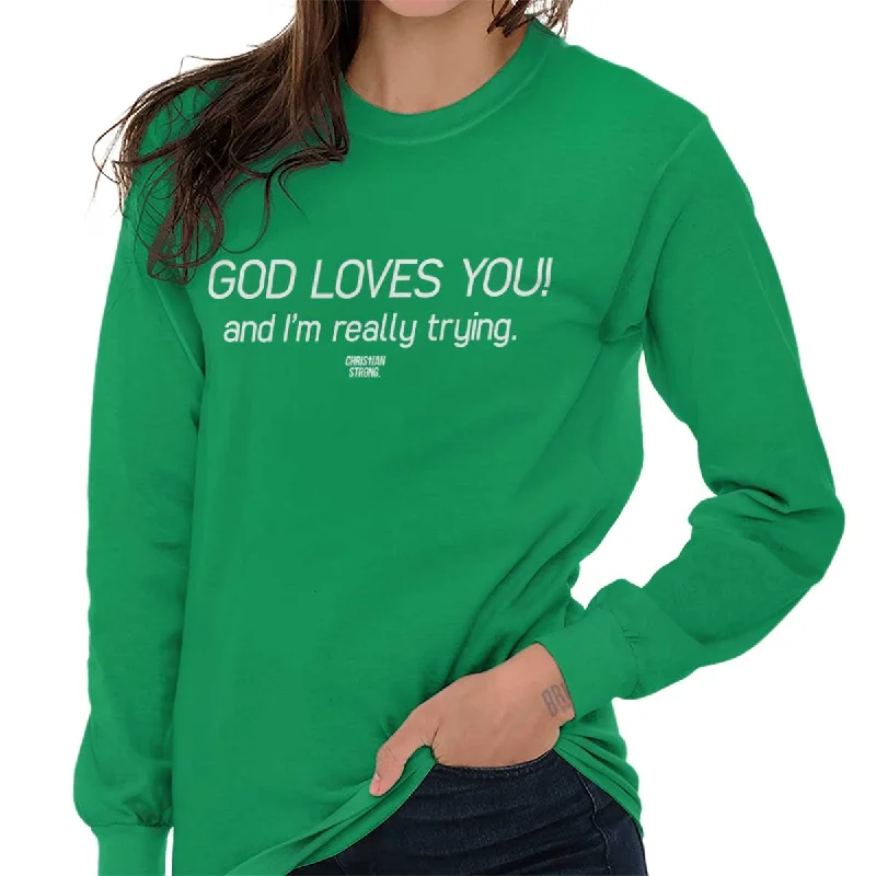 God Loves You Christian T Shirt Jesus Cross Novelty Gift Cool Long Sleeve T-shirt Print Jacquard Patchwork