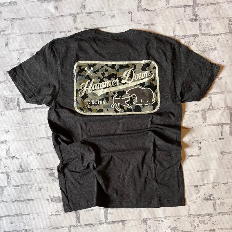 Hammer Down "Dog Hunt Field Camo" Short Sleeve T-shirt - Charcoal Hooded Caped Shawl Collar