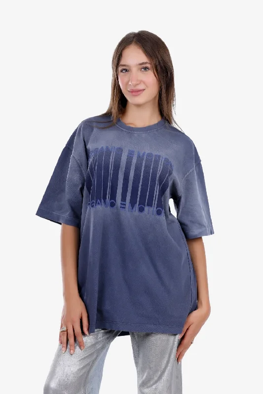 Round Neck Comfy Heather Blue T-Shirt Solid Print Embellished