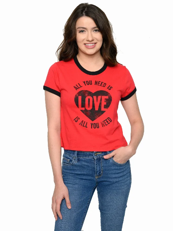 Juniors Beatles All You Need Is Love Band T-Shirt Ringer Black Red Mesh Canvas Denim