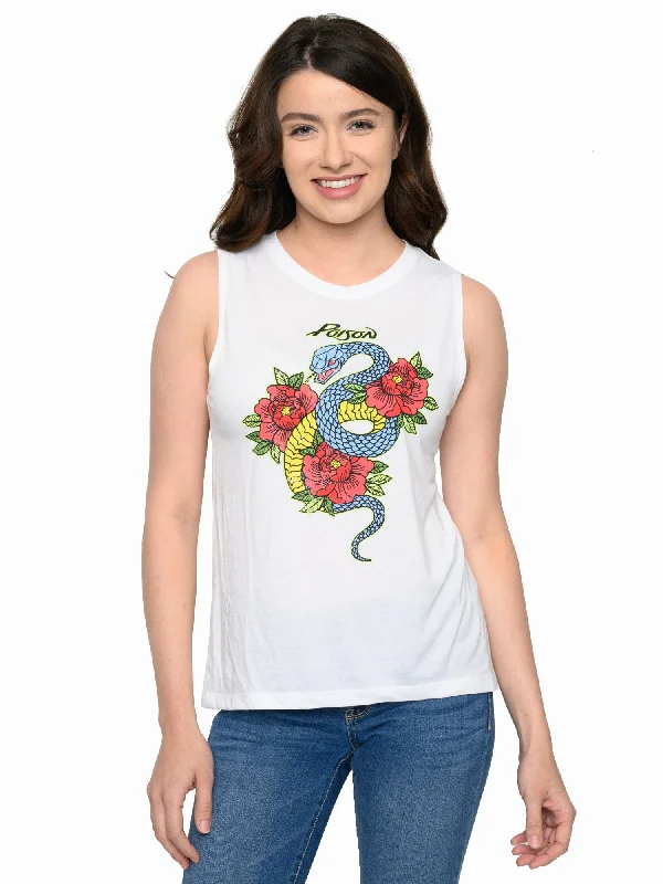 Women's Poison Band Tee Sleeveless Snake Roses White Classic Rock T-Shirt Mesh Blend Leather Blend Suede Blend